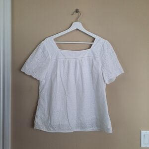 Talbots White Eyelet Loose Cotton Flowy Airy Peasant Boho Bohemian Blouse Beachy